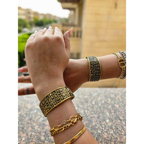 Hieroglyphic Egyptian Bangle – Handmade Black & Gold Brass Statement Cuff - Picture 4 of 4